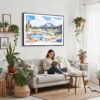 02 - Framed Lassen Volcanic National Park Watercolor - Horizontal Canvas Print - Boho Living Room with Woman reading.jpg