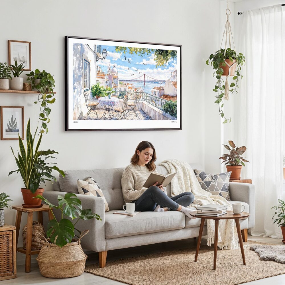 02 - Framed Lisbon Portugal Watercolor Art - Horizontal Canvas Print - Boho Living Room with Woman reading.jpg 02 - Framed Lisbon Portugal Watercolor Art - Horizontal Canvas Print - Boho Living Room with Woman reading.jpg