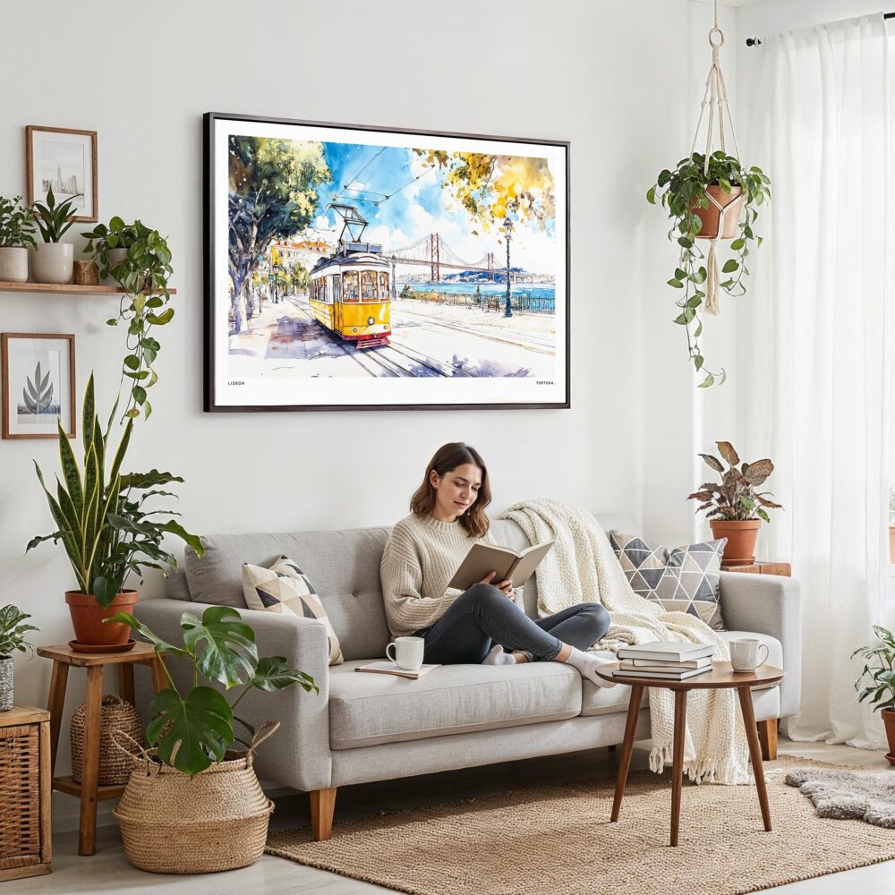 02 - Framed Lisbon Portugal Yellow Tram Watercolor Art - Horizontal Canvas Print - Boho Living Room with Woman reading.jpg 02 - Framed Lisbon Portugal Yellow Tram Watercolor Art - Horizontal Canvas Print - Boho Living Room with Woman reading.jpg