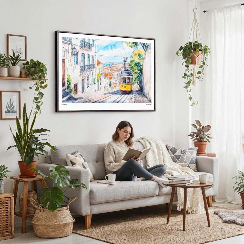 02 - Framed Lisbon Tram 28 Watercolor Art - Horizontal Canvas Print - Boho Living Room with Woman reading.jpg 02 - Framed Lisbon Tram 28 Watercolor Art - Horizontal Canvas Print - Boho Living Room with Woman reading.jpg