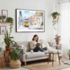 02 - Framed Lisbon Watercolor Art - Horizontal Canvas Print - Boho Living Room with Woman reading.jpg