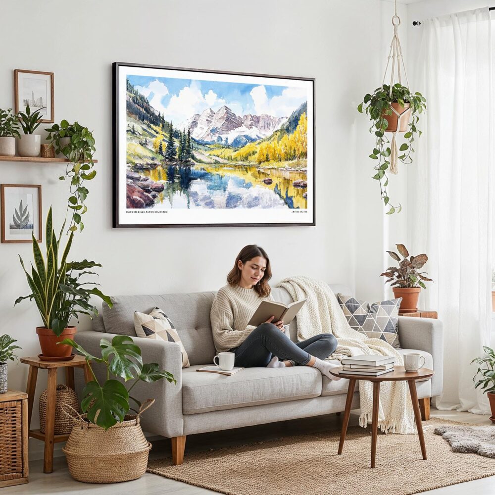02 - Framed Maroon Bells Aspen CO Watercolor - Horizontal Canvas Print - Boho Living Room with Woman reading.jpg 02 - Framed Maroon Bells Aspen CO Watercolor - Horizontal Canvas Print - Boho Living Room with Woman reading.jpg