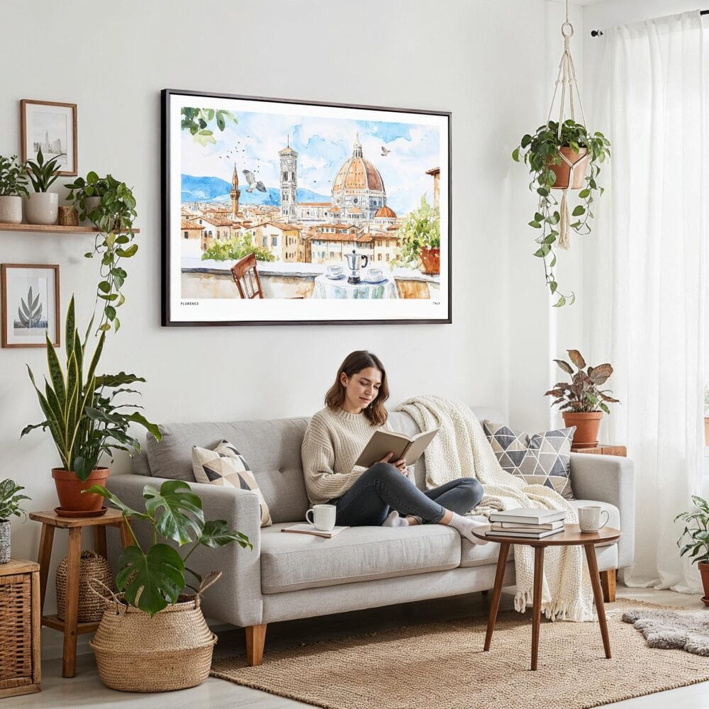 02 - Framed Morning Coffee in Florence Italy with Cathedral Watercolor Art - Horizontal Canvas Print - Boho Living Room with Woman reading.jpg 02 - Framed Morning Coffee in Florence Italy with Cathedral Watercolor Art - Horizontal Canvas Print - Boho Living Room with Woman reading.jpg