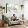 02 - Framed Morning Coffee in Florence Italy with Cathedral Watercolor Art - Horizontal Canvas Print - Boho Living Room with Woman reading.jpg