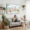 02 - Framed Morning Coffee in Florence Italy with Cathedral Watercolor Art - Horizontal Canvas Print - Boho Living Room with Woman reading.jpg