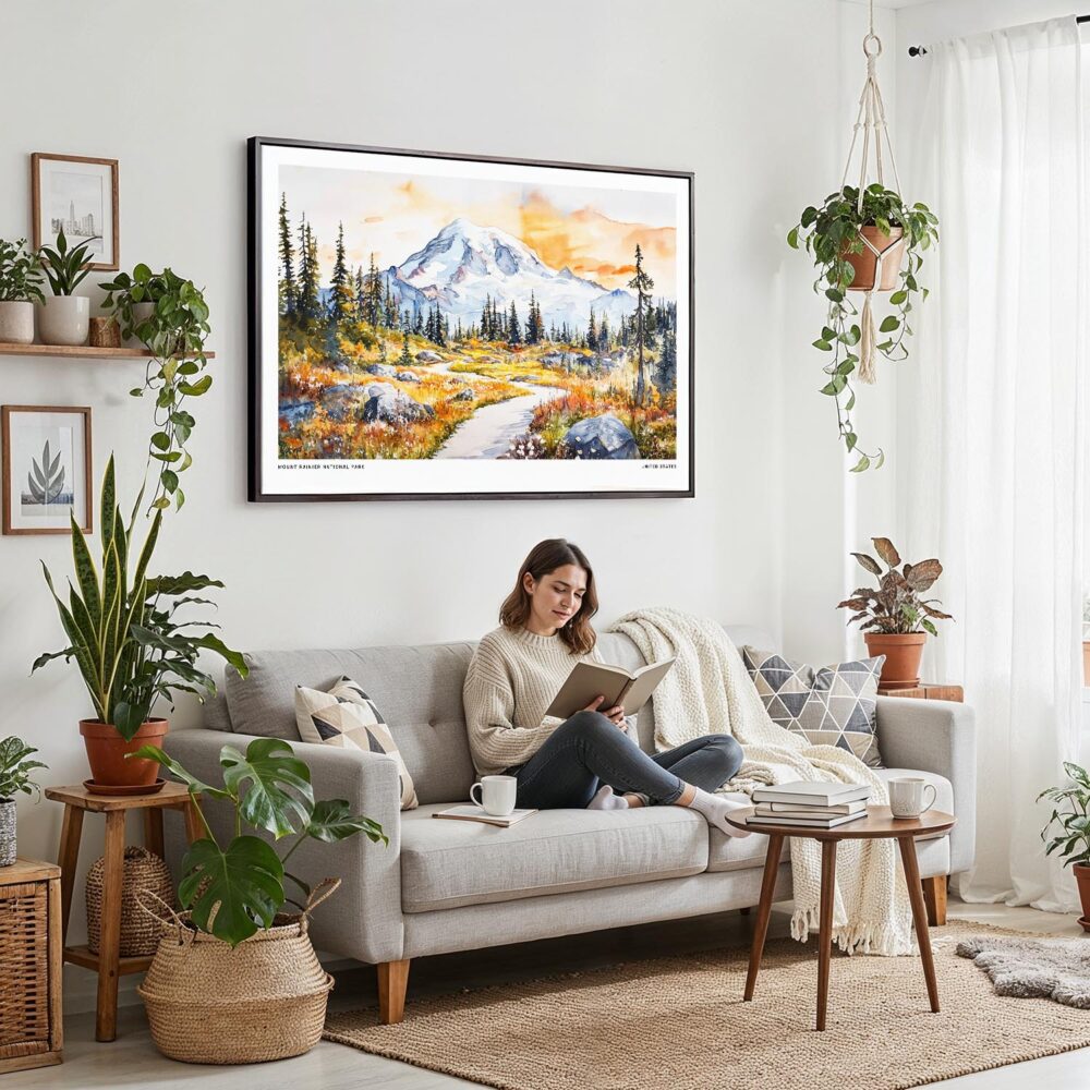 02 - Framed Mount Rainier National Park Watercolor - Horizontal Canvas Print - Boho Living Room with Woman reading.jpg 02 - Framed Mount Rainier National Park Watercolor - Horizontal Canvas Print - Boho Living Room with Woman reading.jpg