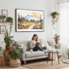 02 - Framed Mount Rainier National Park Watercolor - Horizontal Canvas Print - Boho Living Room with Woman reading.jpg