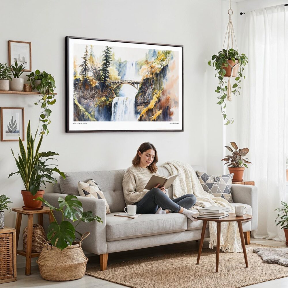 02 - Framed Multnomah Falls Watercolor - Horizontal Canvas Print - Boho Living Room with Woman reading.jpg 02 - Framed Multnomah Falls Watercolor - Horizontal Canvas Print - Boho Living Room with Woman reading.jpg