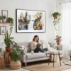 02 - Framed Multnomah Falls Watercolor - Horizontal Canvas Print - Boho Living Room with Woman reading.jpg