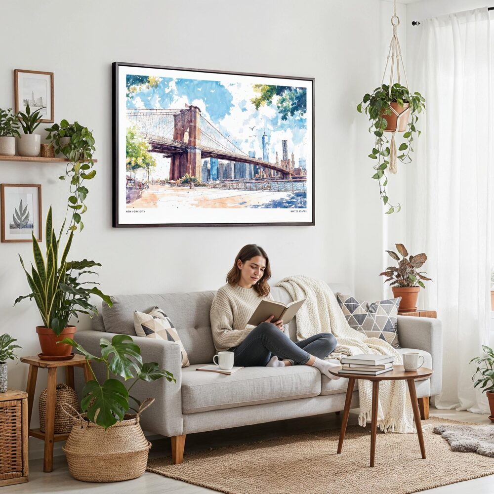 02 - Framed NYC Brooklyn Bridge Watercolor Art - Horizontal Canvas Print - Boho Living Room with Woman reading.jpg 02 - Framed NYC Brooklyn Bridge Watercolor Art - Horizontal Canvas Print - Boho Living Room with Woman reading.jpg