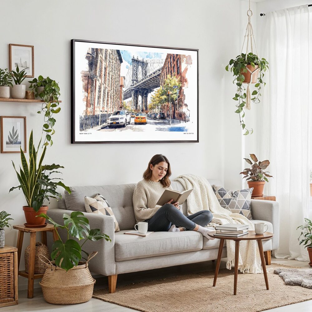 02 - Framed NYC Manhattan Bridge Watercolor Art - Horizontal Canvas Print - Boho Living Room with Woman reading.jpg 02 - Framed NYC Manhattan Bridge Watercolor Art - Horizontal Canvas Print - Boho Living Room with Woman reading.jpg