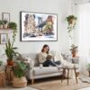 02 - Framed NYC Manhattan Bridge Watercolor Art - Horizontal Canvas Print - Boho Living Room with Woman reading.jpg