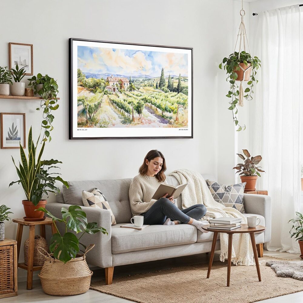 02 - Framed Napa Valley Watercolor - Horizontal Canvas Print - Boho Living Room with Woman reading.jpg 02 - Framed Napa Valley Watercolor - Horizontal Canvas Print - Boho Living Room with Woman reading.jpg