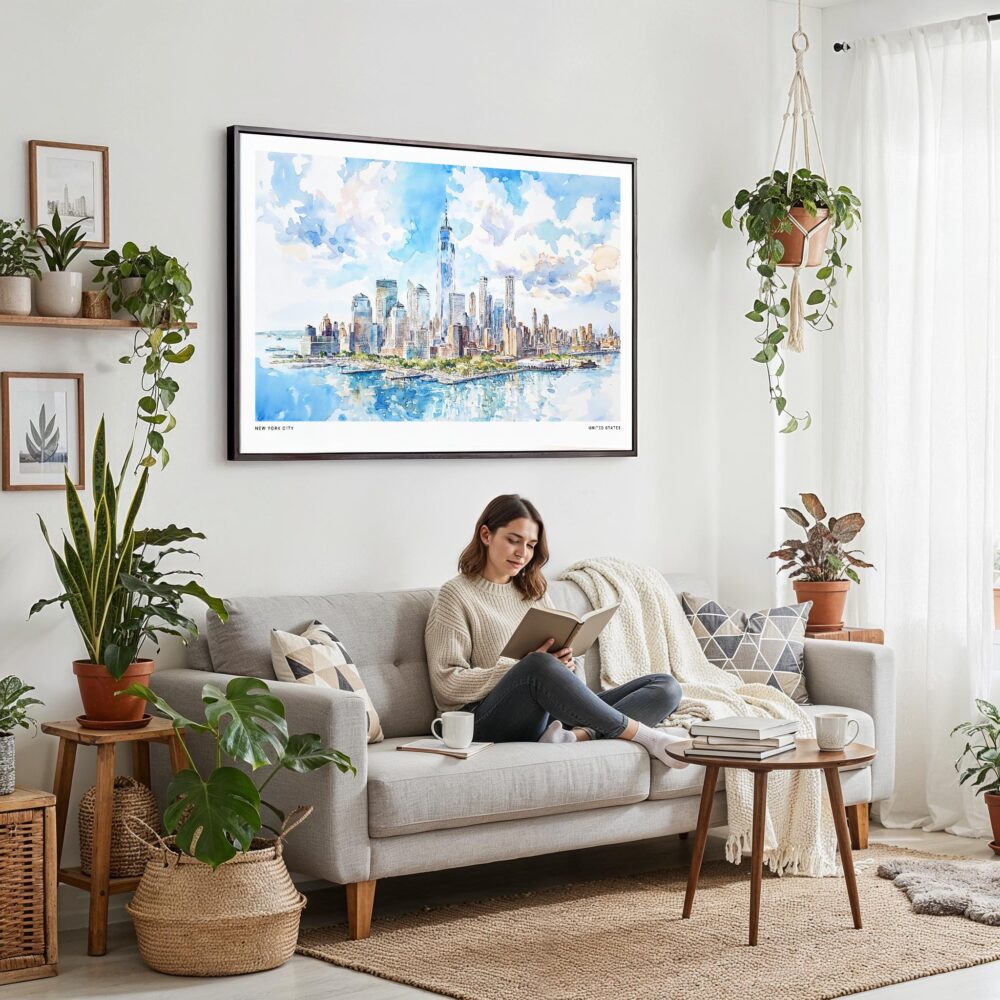 02 - Framed New York City Skyline Watercolor Art - Horizontal Canvas Print - Boho Living Room with Woman reading.jpg 02 - Framed New York City Skyline Watercolor Art - Horizontal Canvas Print - Boho Living Room with Woman reading.jpg