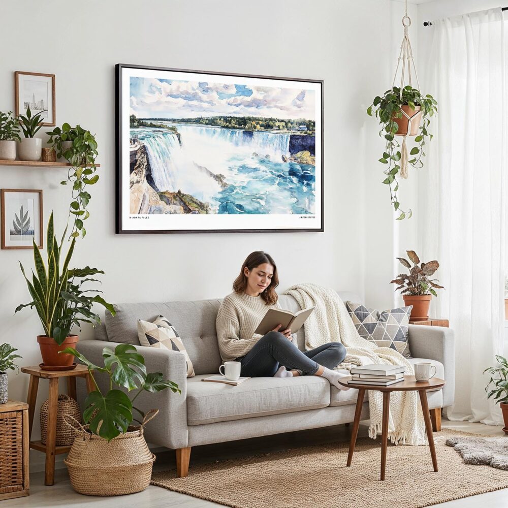 02 - Framed Niagara Falls Watercolor - Horizontal Canvas Print - Boho Living Room with Woman reading.jpg 02 - Framed Niagara Falls Watercolor - Horizontal Canvas Print - Boho Living Room with Woman reading.jpg