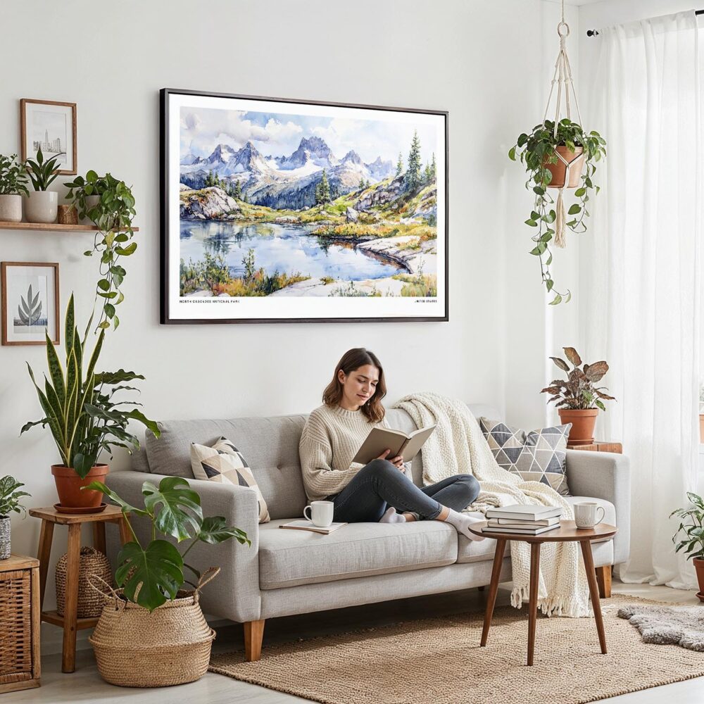 02 - Framed North Cascades National Park Watercolor - Horizontal Canvas Print - Boho Living Room with Woman reading.jpg 02 - Framed North Cascades National Park Watercolor - Horizontal Canvas Print - Boho Living Room with Woman reading.jpg