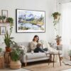 02 - Framed North Cascades National Park Watercolor - Horizontal Canvas Print - Boho Living Room with Woman reading.jpg
