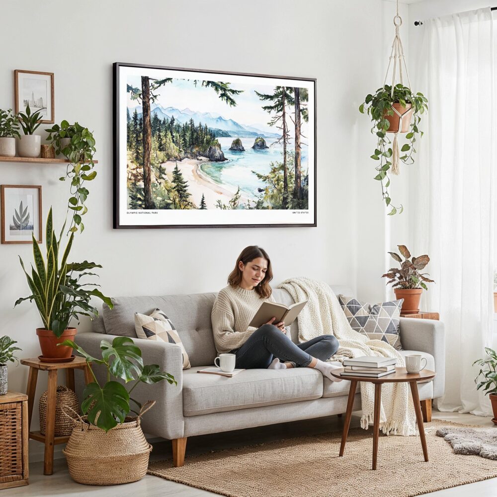 02 - Framed Olympic National Park Watercolor - Horizontal Canvas Print - Boho Living Room with Woman reading.jpg 02 - Framed Olympic National Park Watercolor - Horizontal Canvas Print - Boho Living Room with Woman reading.jpg