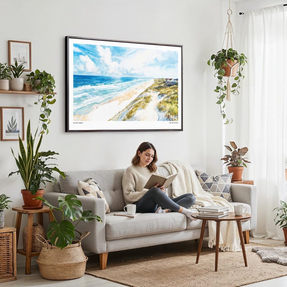 02 - Framed Outer Banks NC Watercolor - Horizontal Canvas Print - Boho Living Room with Woman reading.jpg 02 - Framed Outer Banks NC Watercolor - Horizontal Canvas Print - Boho Living Room with Woman reading.jpg