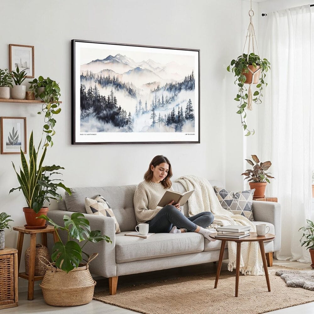 02 - Framed Pacific Northwest Watercolor - Horizontal Canvas Print - Boho Living Room with Woman reading.jpg 02 - Framed Pacific Northwest Watercolor - Horizontal Canvas Print - Boho Living Room with Woman reading.jpg