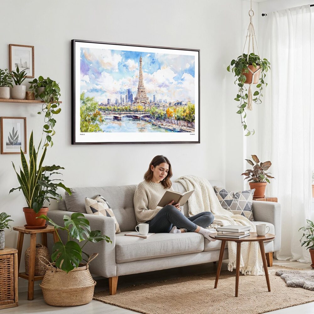 02 - Framed Paris Eiffel Tower Watercolor Art - Horizontal Canvas Print - Boho Living Room with Woman reading.jpg 02 - Framed Paris Eiffel Tower Watercolor Art - Horizontal Canvas Print - Boho Living Room with Woman reading.jpg