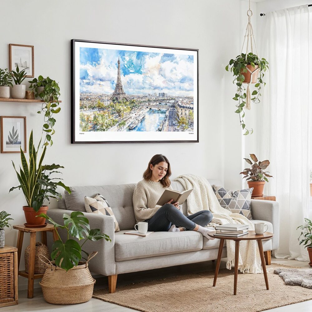 02 - Framed Paris Skyline Watercolor Art - Horizontal Canvas Print - Boho Living Room with Woman reading.jpg 02 - Framed Paris Skyline Watercolor Art - Horizontal Canvas Print - Boho Living Room with Woman reading.jpg