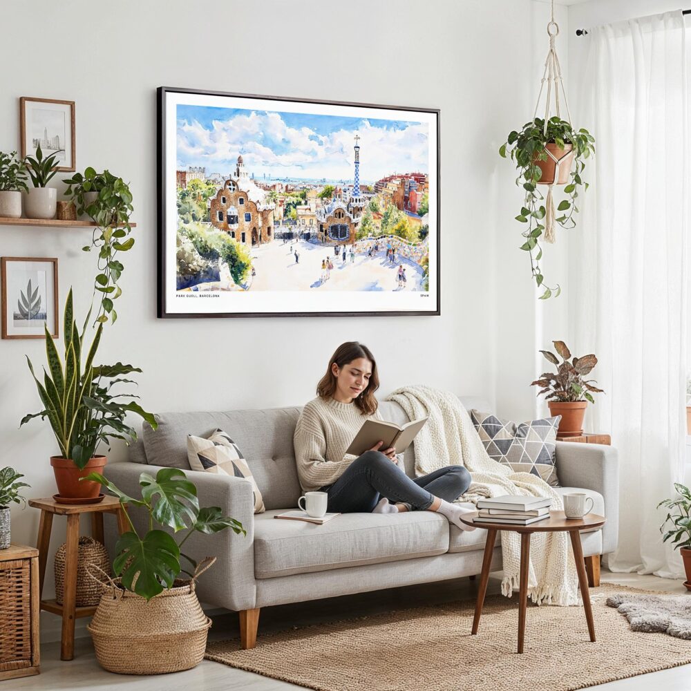 02 - Framed Park Guell Spain Watercolor Art - Horizontal Canvas Print - Boho Living Room with Woman reading.jpg 02 - Framed Park Guell Spain Watercolor Art - Horizontal Canvas Print - Boho Living Room with Woman reading.jpg