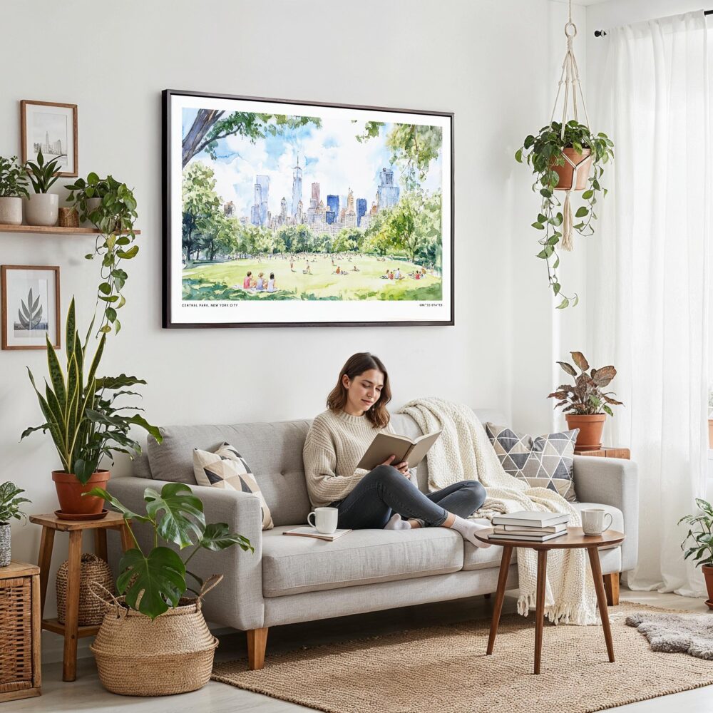 02 - Framed Picnic in Central Park New York Watercolor Art - Horizontal Canvas Print - Boho Living Room with Woman reading.jpg 02 - Framed Picnic in Central Park New York Watercolor Art - Horizontal Canvas Print - Boho Living Room with Woman reading.jpg