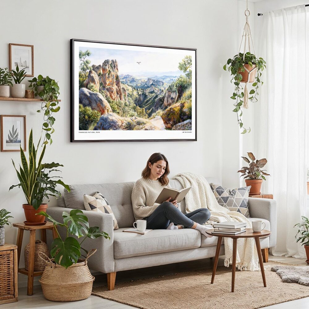 02 - Framed Pinnacles National Park Watercolor - Horizontal Canvas Print - Boho Living Room with Woman reading.jpg 02 - Framed Pinnacles National Park Watercolor - Horizontal Canvas Print - Boho Living Room with Woman reading.jpg