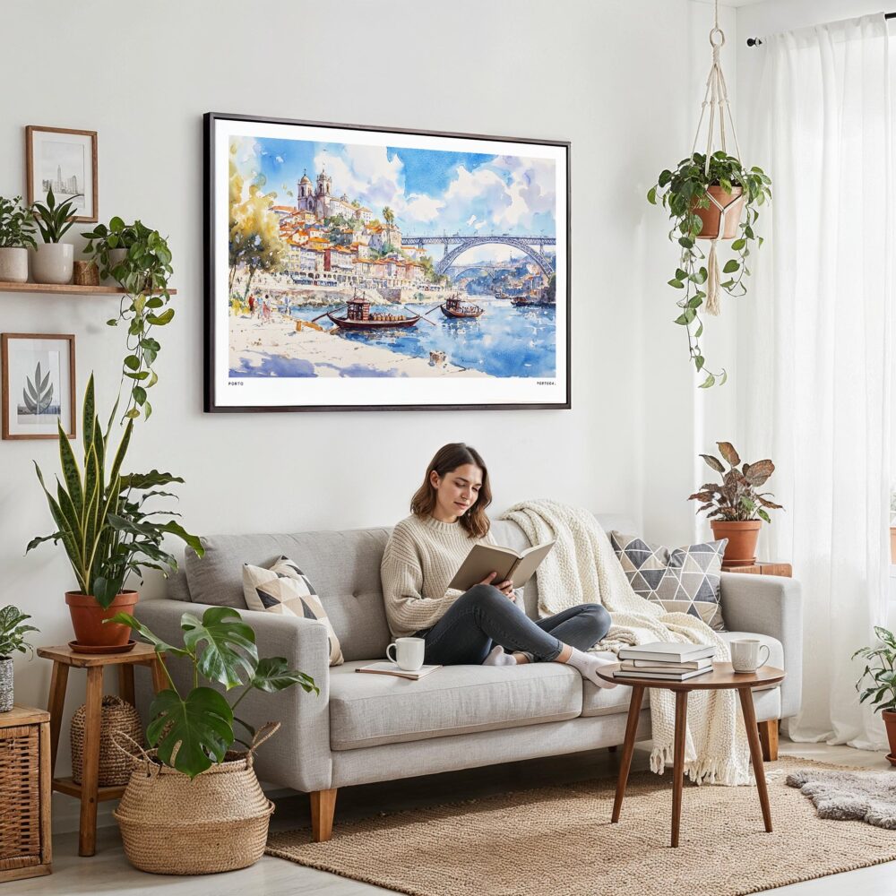 02 - Framed Porto Portugal Watercolor Art - Horizontal Canvas Print - Boho Living Room with Woman reading.jpg 02 - Framed Porto Portugal Watercolor Art - Horizontal Canvas Print - Boho Living Room with Woman reading.jpg