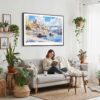 02 - Framed Porto Portugal Watercolor Art - Horizontal Canvas Print - Boho Living Room with Woman reading.jpg