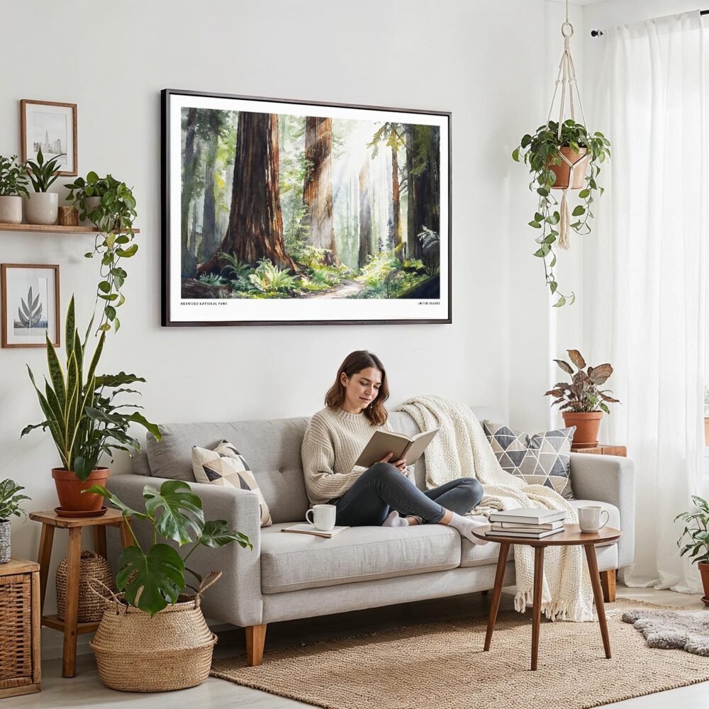 02 - Framed Redwood National Park Watercolor - Horizontal Canvas Print - Boho Living Room with Woman reading.jpg 02 - Framed Redwood National Park Watercolor - Horizontal Canvas Print - Boho Living Room with Woman reading.jpg