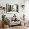 02 - Framed Redwood National Park Watercolor - Horizontal Canvas Print - Boho Living Room with Woman reading.jpg