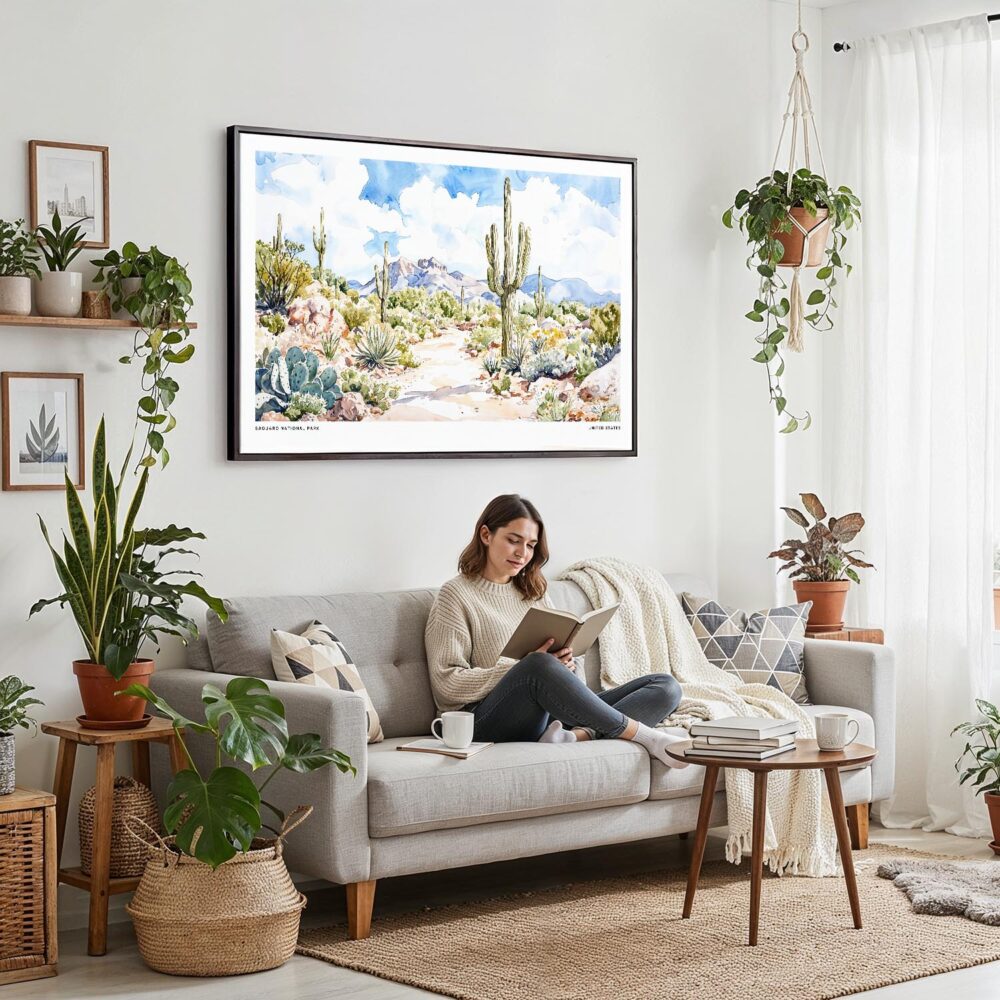 02 - Framed Saguaro National Park Watercolor - Horizontal Canvas Print - Boho Living Room with Woman reading.jpg 02 - Framed Saguaro National Park Watercolor - Horizontal Canvas Print - Boho Living Room with Woman reading.jpg