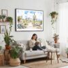 02 - Framed Saguaro National Park Watercolor - Horizontal Canvas Print - Boho Living Room with Woman reading.jpg