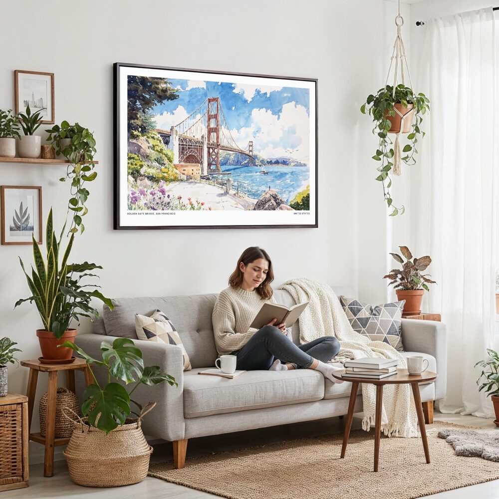 02 - Framed San Francisco Golden Gate Bridge Watercolor Art - Horizontal Canvas Print - Boho Living Room with Woman reading.jpg 02 - Framed San Francisco Golden Gate Bridge Watercolor Art - Horizontal Canvas Print - Boho Living Room with Woman reading.jpg