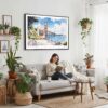 02 - Framed San Francisco Golden Gate Bridge Watercolor Art - Horizontal Canvas Print - Boho Living Room with Woman reading.jpg