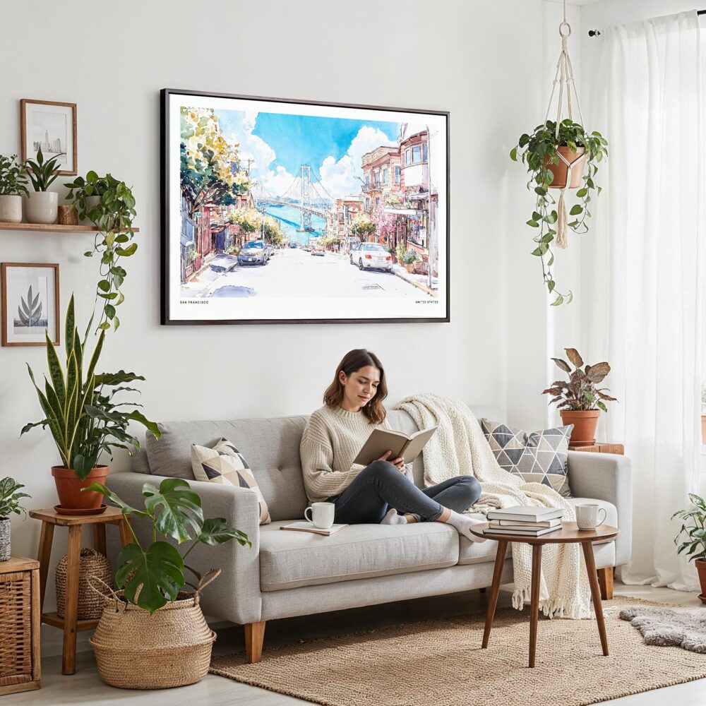 02 - Framed San Francisco Lombard Street Watercolor Art - Horizontal Canvas Print - Boho Living Room with Woman reading.jpg 02 - Framed San Francisco Lombard Street Watercolor Art - Horizontal Canvas Print - Boho Living Room with Woman reading.jpg