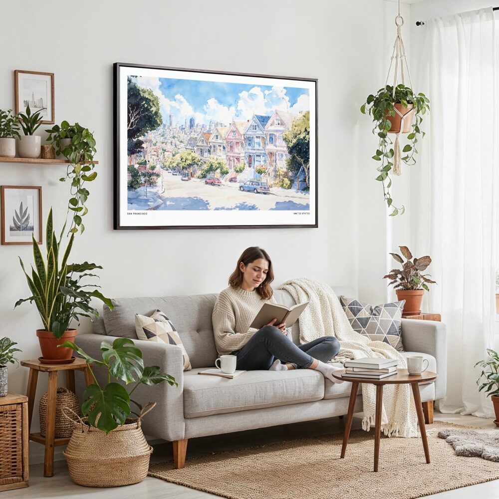 02 - Framed San Francisco Painted Ladies Watercolor Art - Horizontal Canvas Print - Boho Living Room with Woman reading.jpg 02 - Framed San Francisco Painted Ladies Watercolor Art - Horizontal Canvas Print - Boho Living Room with Woman reading.jpg