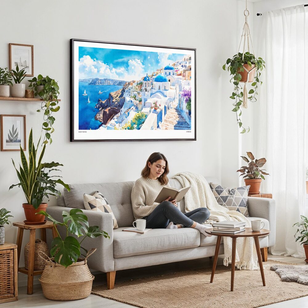 02 - Framed Santorini Blue Dome Church Watercolor Art - Horizontal Canvas Print - Boho Living Room with Woman reading.jpg 02 - Framed Santorini Blue Dome Church Watercolor Art - Horizontal Canvas Print - Boho Living Room with Woman reading.jpg