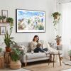 02 - Framed Santorini Watercolor Art - Horizontal Canvas Print - Boho Living Room with Woman reading.jpg