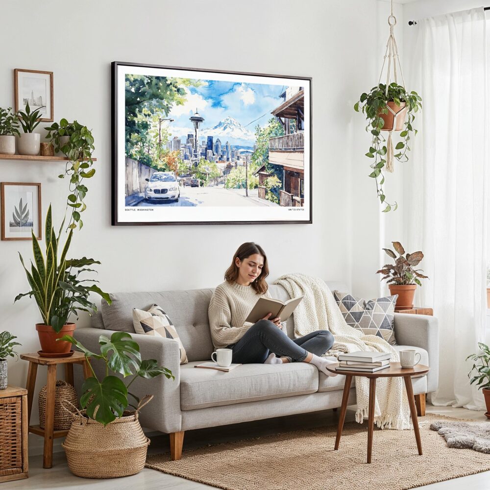 02 - Framed Seattle Skyline Watercolor Art - Horizontal Canvas Print - Boho Living Room with Woman reading.jpg 02 - Framed Seattle Skyline Watercolor Art - Horizontal Canvas Print - Boho Living Room with Woman reading.jpg