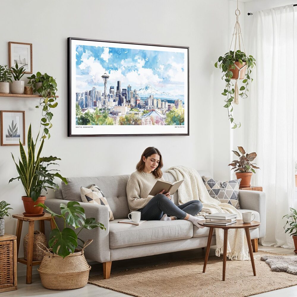 02 - Framed Seattle Skyline with Mount Rainier Watercolor Art - Horizontal Canvas Print - Boho Living Room with Woman reading.jpg 02 - Framed Seattle Skyline with Mount Rainier Watercolor Art - Horizontal Canvas Print - Boho Living Room with Woman reading.jpg