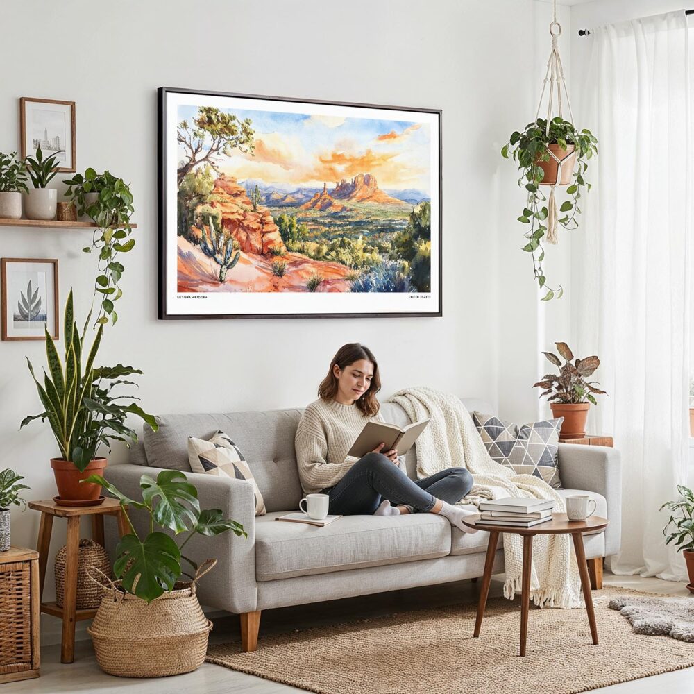 02 - Framed Sedona AZ Watercolor - Horizontal Canvas Print - Boho Living Room with Woman reading.jpg 02 - Framed Sedona AZ Watercolor - Horizontal Canvas Print - Boho Living Room with Woman reading.jpg