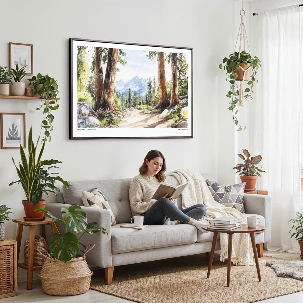 02 - Framed Sequoia National Park Watercolor - Horizontal Canvas Print - Boho Living Room with Woman reading.jpg 02 - Framed Sequoia National Park Watercolor - Horizontal Canvas Print - Boho Living Room with Woman reading.jpg