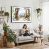 02 - Framed Sequoia National Park Watercolor - Horizontal Canvas Print - Boho Living Room with Woman reading.jpg