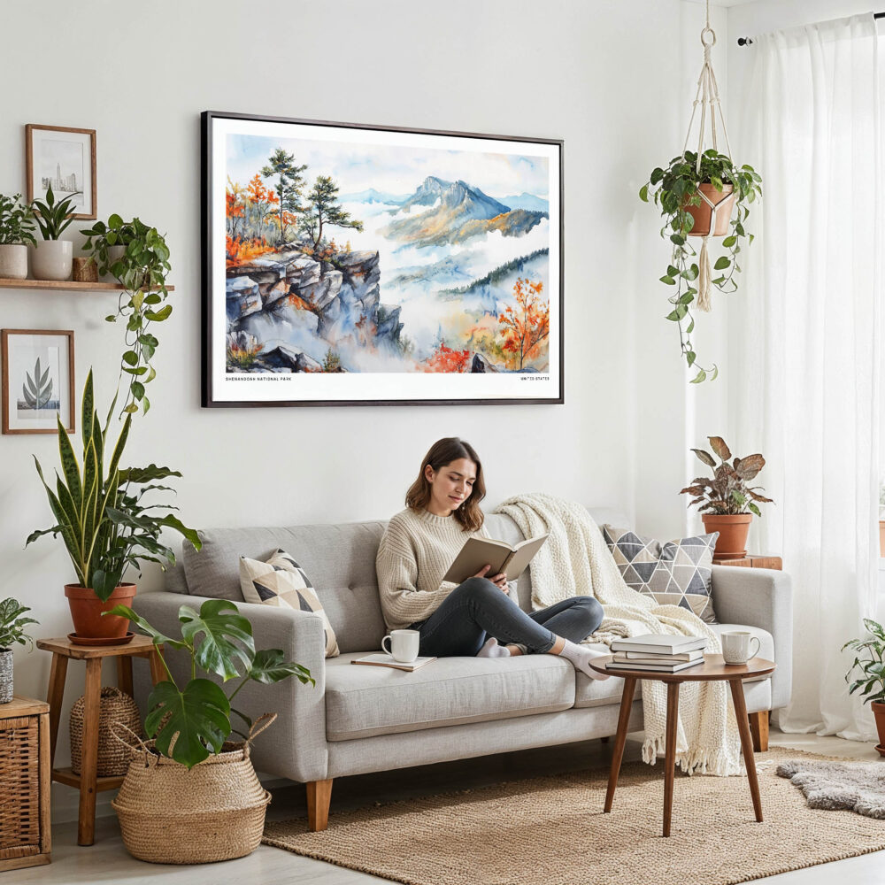 02 - Framed Shenandoah National Park Watercolor - Horizontal Canvas Print - Boho Living Room with Woman reading.jpg 02 - Framed Shenandoah National Park Watercolor - Horizontal Canvas Print - Boho Living Room with Woman reading.jpg