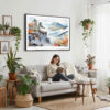 02 - Framed Shenandoah National Park Watercolor - Horizontal Canvas Print - Boho Living Room with Woman reading.jpg