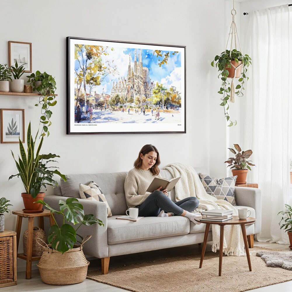 02 - Framed Spain Sagrada Familia Watercolor Art - Horizontal Canvas Print - Boho Living Room with Woman reading.jpg 02 - Framed Spain Sagrada Familia Watercolor Art - Horizontal Canvas Print - Boho Living Room with Woman reading.jpg