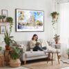 02 - Framed Spain Sagrada Familia Watercolor Art - Horizontal Canvas Print - Boho Living Room with Woman reading.jpg